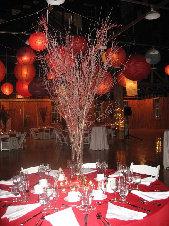 Because the wedding party was in a large barn, it made sense to have the centerpieces be tall so that they filled the space.